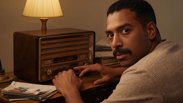 Tuning vintage radio in cozy midcentury interior, man adjusting dial by lamplight