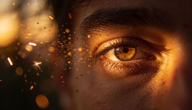 Cinematic amber eye macro with freckles and golden sparks, intense male gaze in warm light
