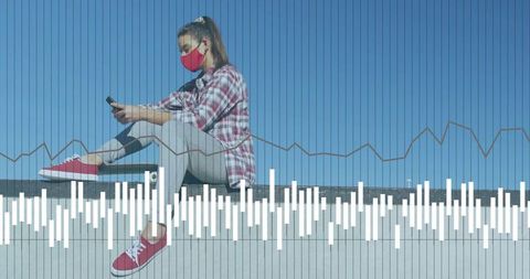 Young woman wearing red mask and sneakers sitting on rooftop ledge using smartphone with skateboard