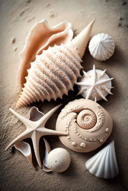 Collection of seashells and a starfish on sandy surface. Suitable for coastal décor, summer themes, vacation promotions, marine biology studies, and relaxation visuals.