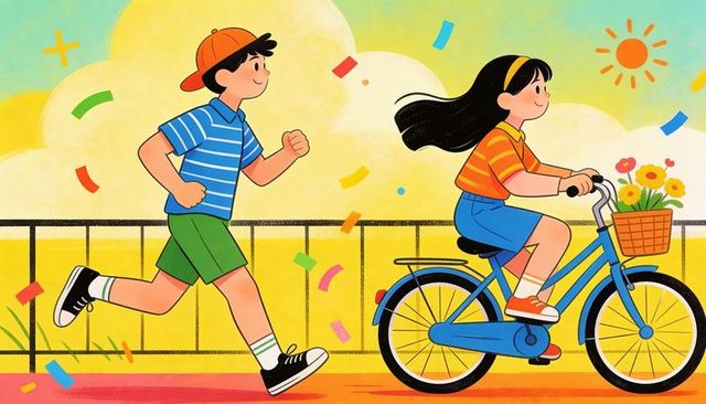 Children riding bicycle and running along sunny park path with colorful confetti