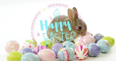 Snuggling brown bunny with pastel easter eggs and whimsical hand-lettered happy easter