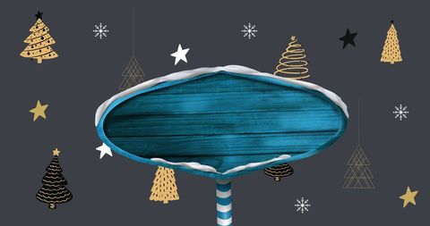 Blue wooden holiday sign with festive christmas elements