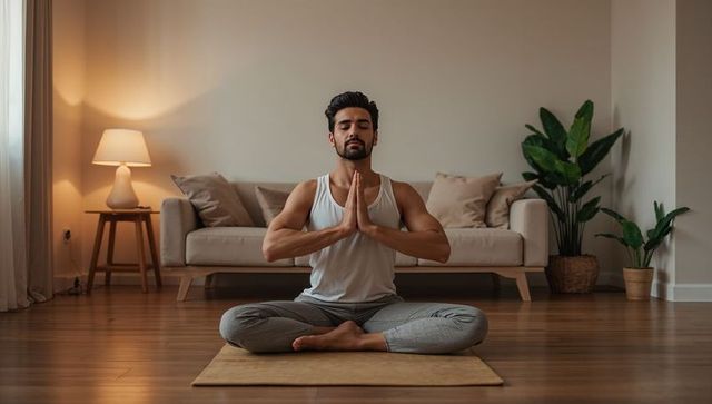Young man meditating at home living room on yoga mat practicing mindfulness and wellness