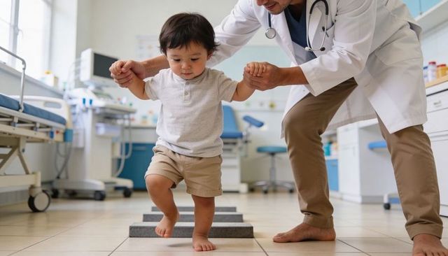 Pediatrician assisting toddler practicing balance during physical therapy session in clinic