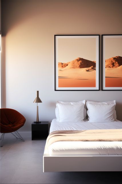 Bedroom interior with bed, paintings, lamp and armchair created using generative ai technology. Interior and design concept digitally generated image.