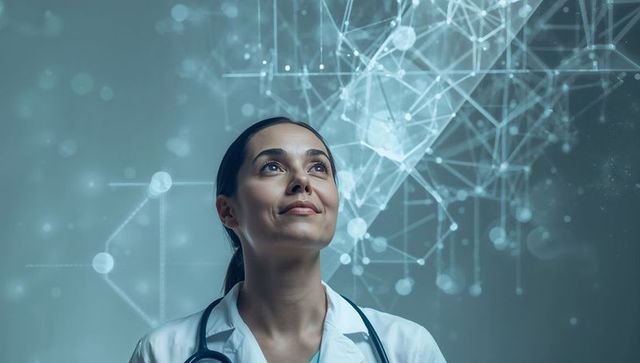 Female doctor looking up with futuristic neural network overlay for ai healthcare innovation