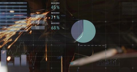 Female technician grinding metal with grinder while HUD displays industrial data analytics