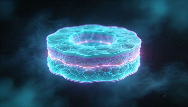 Neon holographic torus with cellular texture and glowing magenta midline futuristic sci-fi