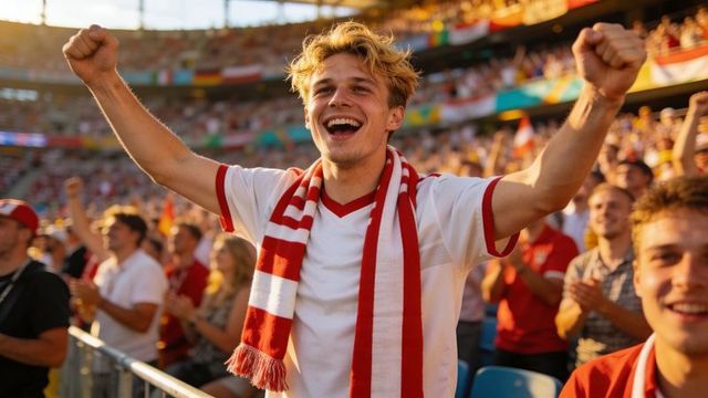 Young fan cheering and raising arms in stadium wearing red white scarf