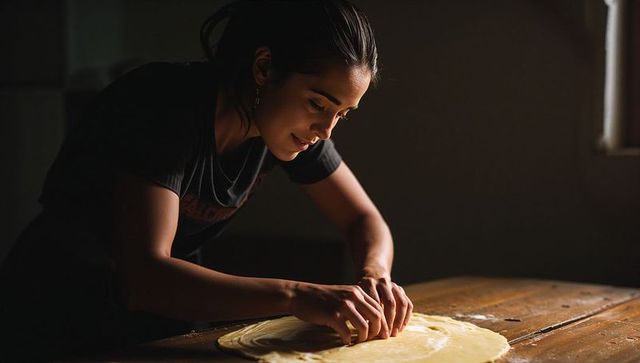 Intimate home baking portrait of woman shaping dough by sunlit window