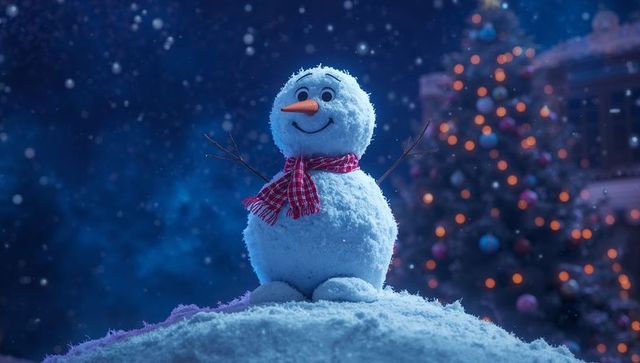 Cheerful Snowman on Snowy Night with Festive Tree in Background