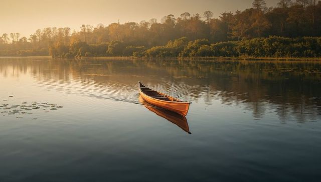 Solo wooden rowboat gliding on glassy lake at golden hour with mirror reflection
