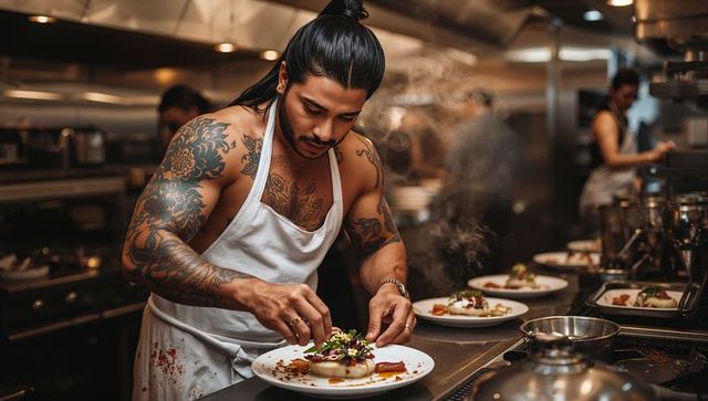 Tattooed asian chef plating gourmet plates in busy stainless steel professional kitchen