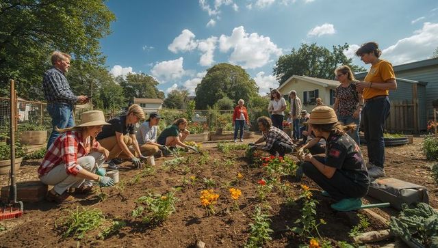 Volunteers planting community garden beds working together in sunny neighborhood garden