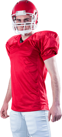 Focused american football player in helmet looking at camera on transparent background