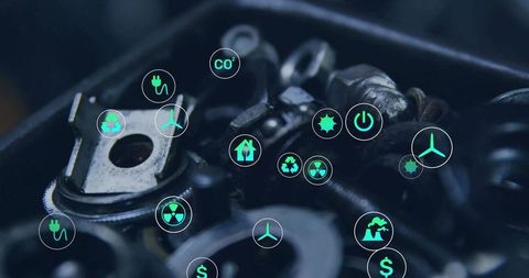 Gearbox components with green energy icons renewable technology
