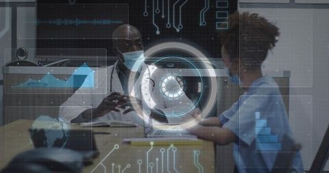 Doctor and Patient Consulting with Futuristic HUD Technology