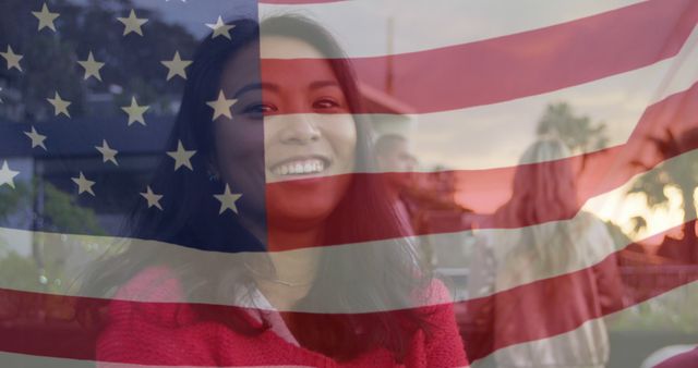 Smiling Woman Overlain with American Flag on Holiday Celebration - Download Free Stock Images Pikwizard.com