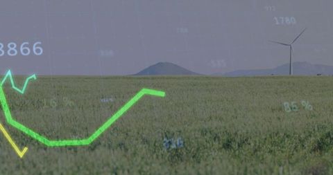Showing green energy analytics overlaying rural farmland with wind turbine and growth graph