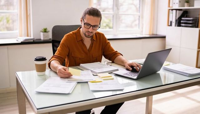 Young professional reviewing documents at modern glass desk with laptop and coffee