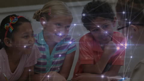 Diverse School Children and Teacher Connected by Digital Network