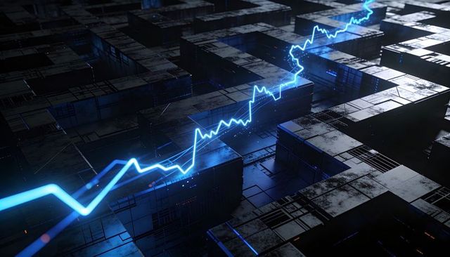 Glowing Neon-Blue Energy Pulse Traversing Futuristic Server Grid with Jagged Data Line