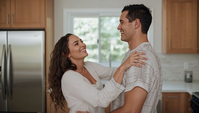 Happy couple embracing affectionately in cozy contemporary kitchen