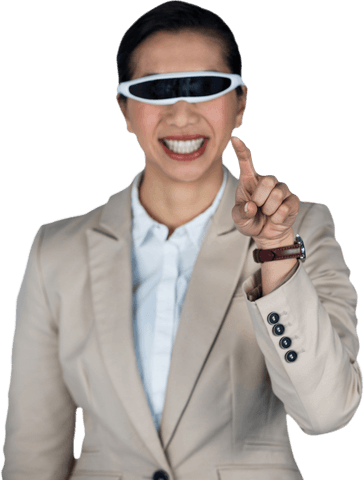 Happy Businesswoman Using Futuristic Virtual Glasses Transparent