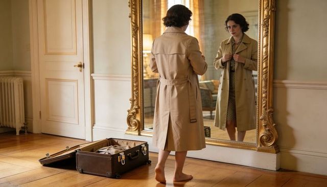 Woman adjusting trench coat in gilded mirror with open suitcase on wooden floor
