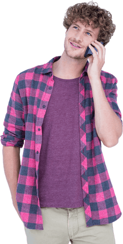 Casual Man in Plaid Talking on Mobile Phone Transparent PNG - Download Free Stock Videos Pikwizard.com