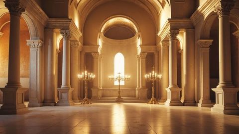Majestic Cathedral Hall with Illuminated Altar Cross at Sunrise