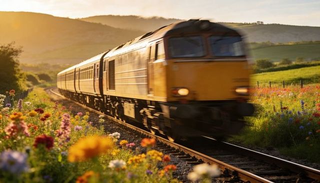 Yellow diesel train racing through wildflower meadow at golden hour, motion blur countryside