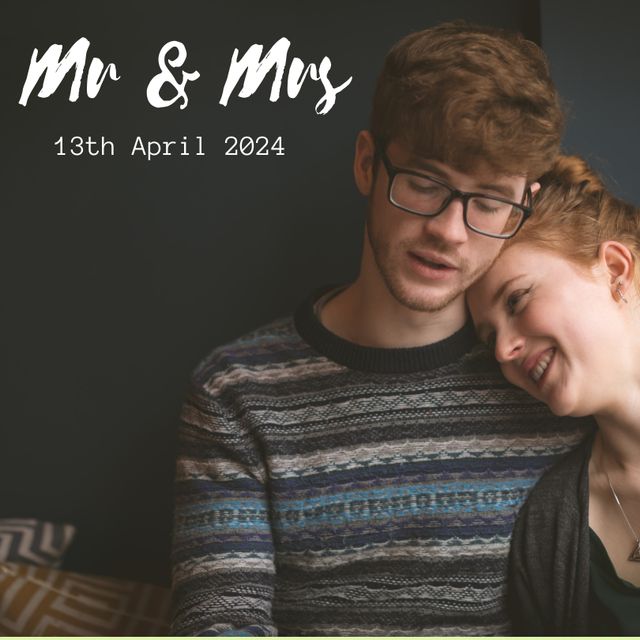 This heartwarming scene captures a loving couple cuddling in a cozy home environment. The tender, intimate moment is perfect for use in wedding announcements, engagement notices, or content celebrating relationships and love. The warm atmosphere and clear date make it suitable for save-the-date cards or anniversary materials.