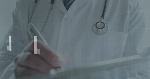 Doctor writing medical chart with stethoscope closeup and digital grid overlay