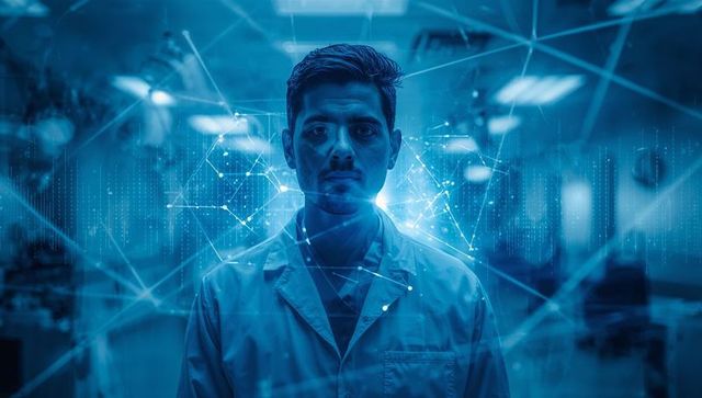 Standing researcher wearing lab coat facing viewer with futuristic digital network overlay