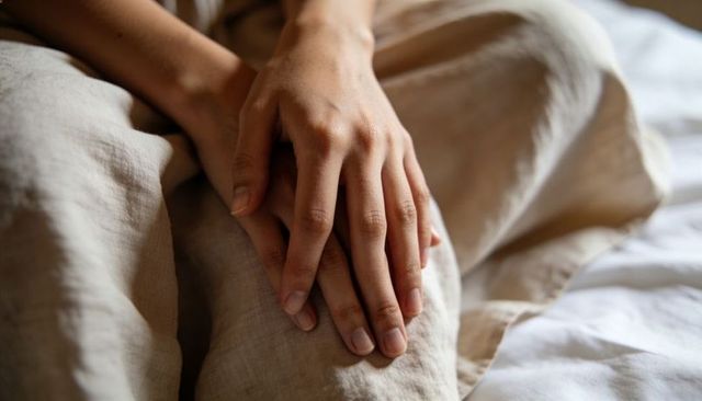 Hands resting on beige linen duvet closeup, intimate morning calm and cozy bedding texture