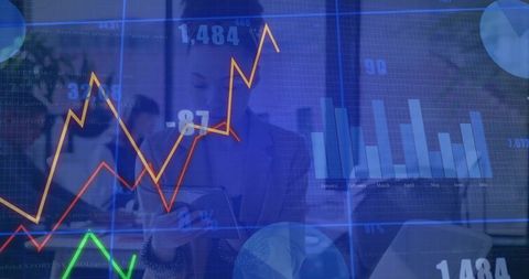 Businesswoman Analyzing Financial Charts on Tablet with Overlaid Data Visualizations