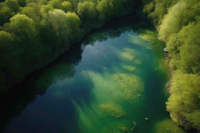 Aerial shot of river in forest, created using generative ai technology - Download Free Stock Photos Pikwizard.com