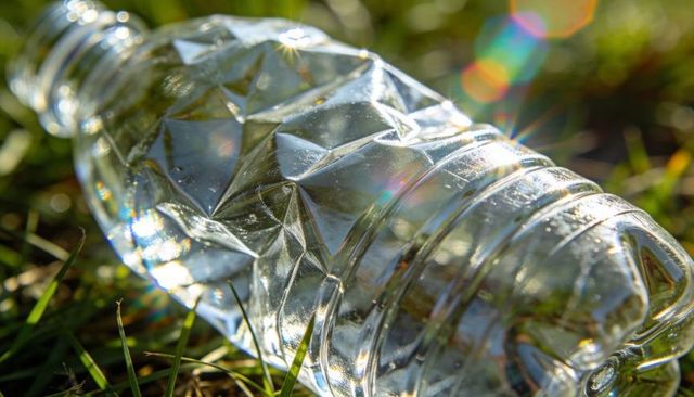 Glinting crushed plastic bottle catching low sunlight on grass with prism flare and bokeh