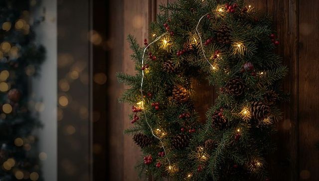 Festive Christmas Evergreen Wreath with Lights and Pinecones