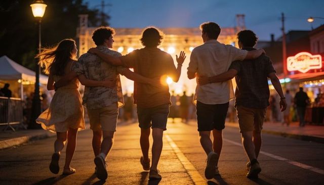 Friends walking arm-in-arm toward backlit concert stage at dusk festival night celebration