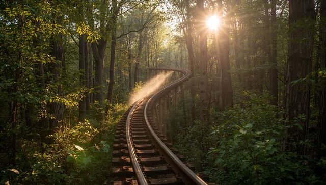 Sunrise train track curving through misty forest