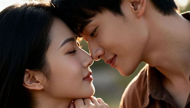 Intimate closeup young couple leaning foreheads during golden hour, romantic connection
