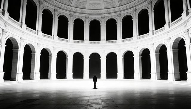 Solitary silhouette standing in grand neoclassical rotunda with high-contrast lighting