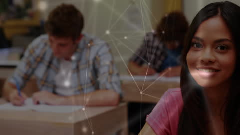 Smiling Student in Class with Digital Network Overlay