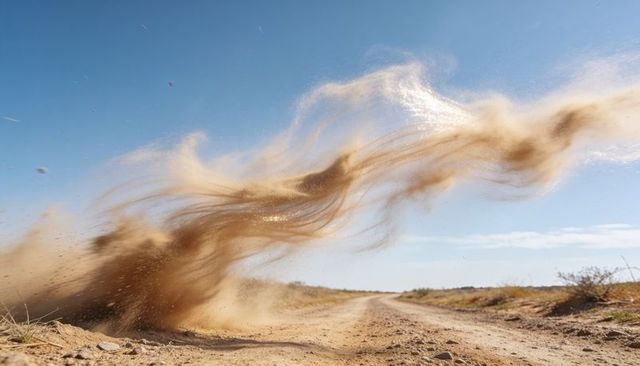 Swirling dust plume stretching across desert dirt road with visible tire tracks