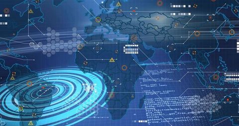 Geospatial UI focusing on Africa and Eurasia with radar rings, hexgrid and telemetry