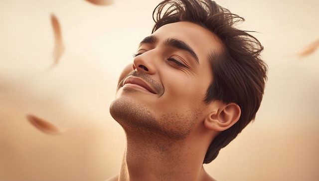 Young man enjoying calm moment with eyes closed, soft smile, warm light and falling petals