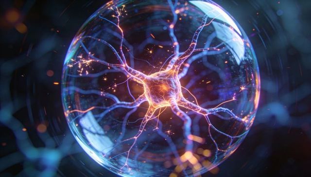Pulsing luminous neuron in glass orb projecting electric blue-violet filaments and sparks